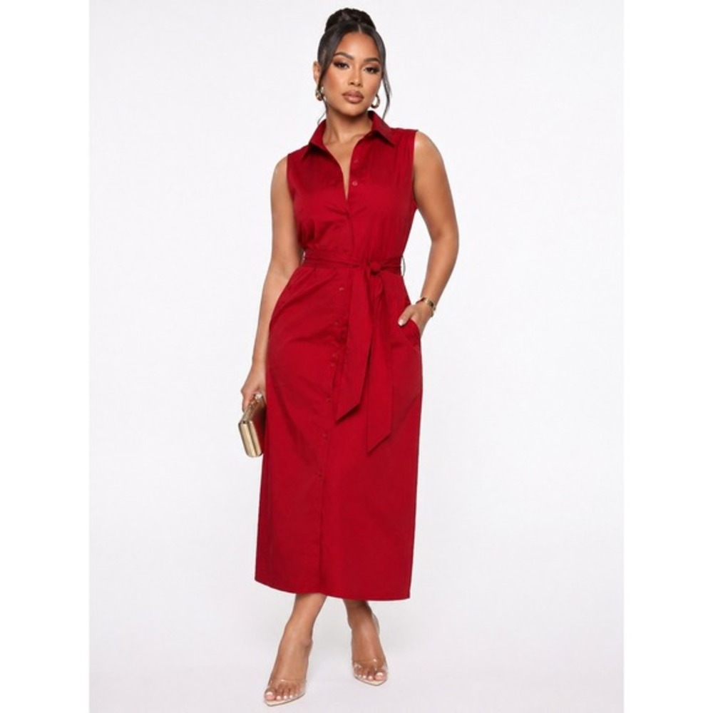 Montgomery Post‎ Womens XXL Red Sleeveless Belted Button Front Jumpsuit NWT